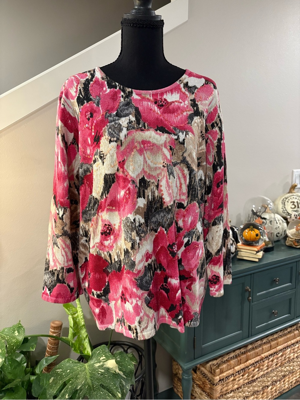 Alfred Dunner Pink Floral Knit Long-Sleeve Pullover